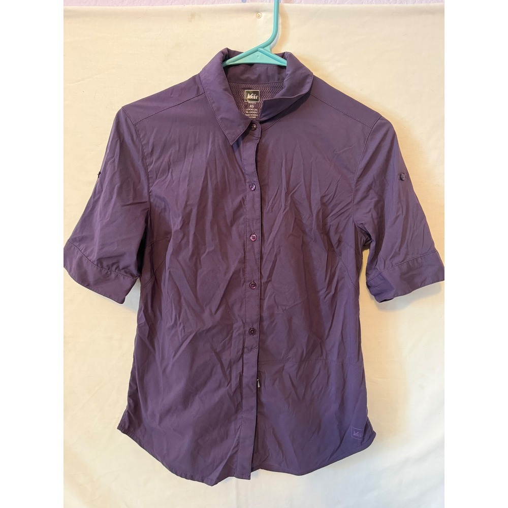 REI Co-op Womens Purple Short Sleeve Button Up Hiking Shirt Stretch XS RN37249